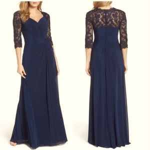 La Femme Ruched Navy Twist Column Gown - Women's Size 14 - Mother of the bride